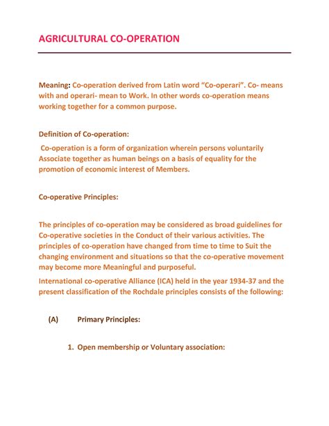 Agriculture co-operation notes - AGRICULTURAL CO-OPERATION Meaning: Co ...