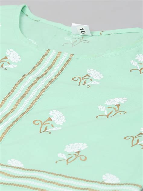 Cotton Green Floral & Stripe Straight Kurta & Palazzo Set (Green ...