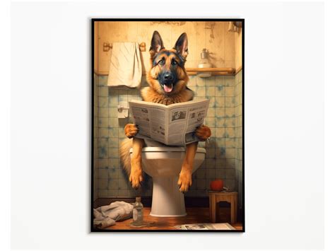German Shepherd on the Toilet and Reading Newspaper, Bathroom Pictures ...