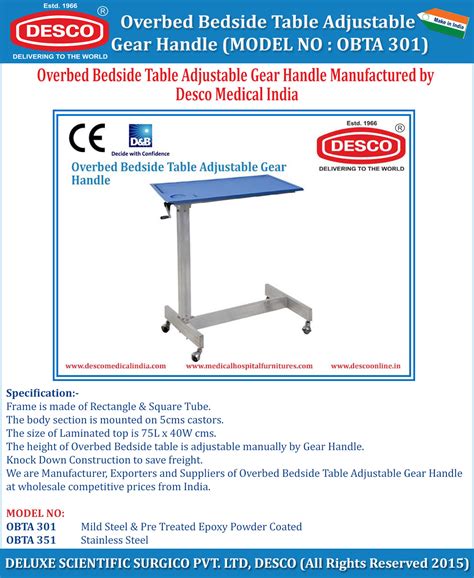 Medical Hospital Overbed Bedside Table Adjustable Gear Handle ...