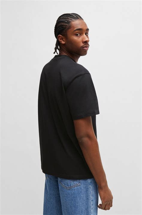 HUGO - Cotton-jersey T-shirt with blue logo print - Black