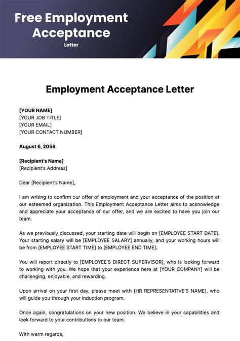 Free Employment Acceptance Letter Template to Edit Online