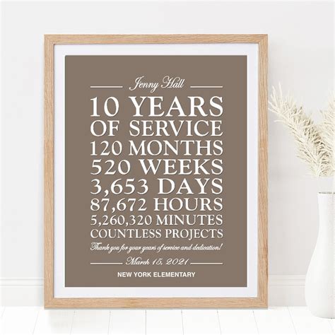 Personalized 10 Year Work Anniversary Print, Custom 10 Years of Service ...
