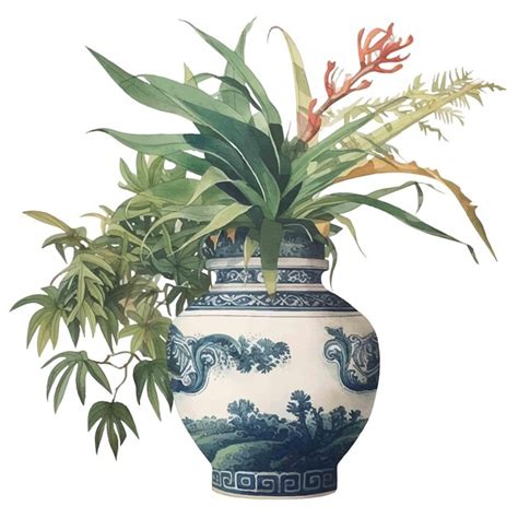 Pflanzen mit chinesischer Vase mit Aquarellillustration | Premium KI ...