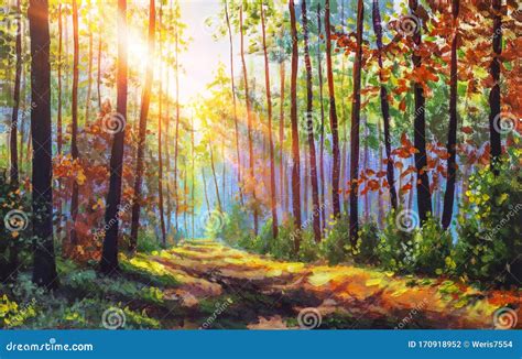 Autumn Oil Painting. Autumn Forest with Sunlight. Path in Forest through Trees with Vivid ...