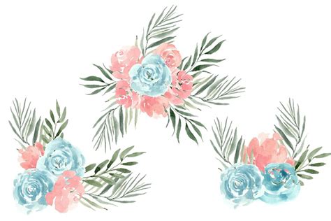 Set of blue and pink roses bouquet watercolor | Premium Vector