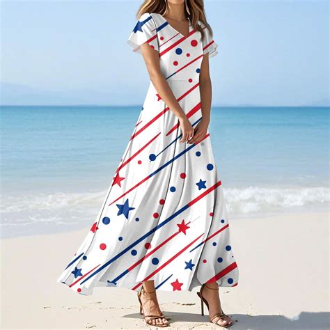 SAATLERI American Flag Dress Women 4th of July Short Sleeve V Neck ...