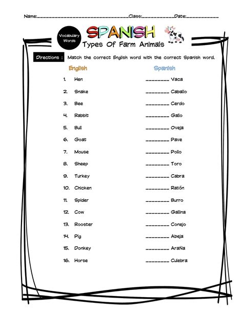 Spanish Types Of Farm Animals Vocabulary Matching Worksheet & Answer ...