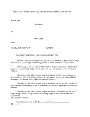 Mississippi Workers Compensation Claimant Petition - Blank Fillable ...