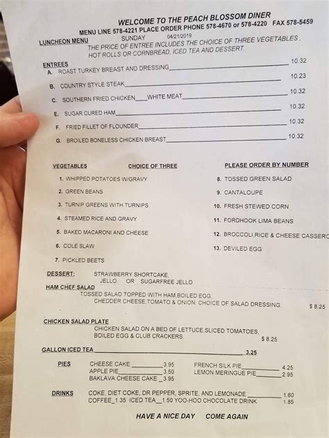 Menu at Peach Blossom Diner restaurant, Spartanburg, 910 Hospitality Dr