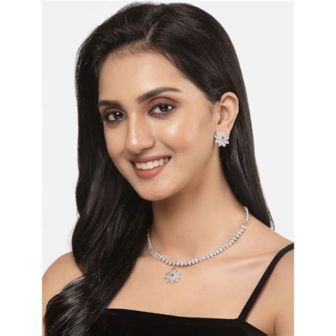 Buy ZENEME Antique Oxidised Silver-Plated Pink Cz Flower Jewellery Online