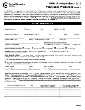 Fillable Online 2016-17 Independent - V1 Verification Worksheet page 1 ...