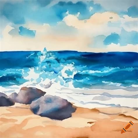 Realistic watercolor painting of rocky shore with crashing waves and sand castle on Craiyon