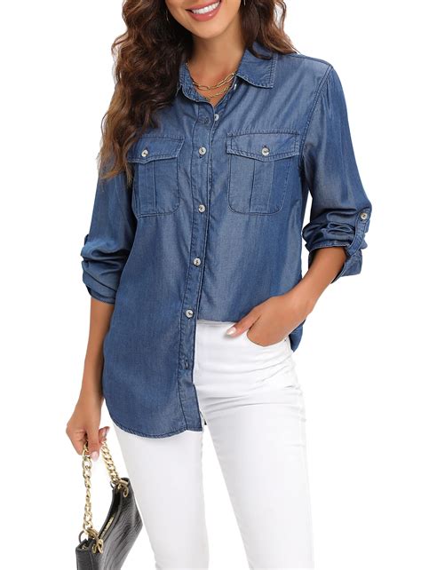 Women's Denim Shirt Long Sleeve Button Roll Up Sleeve Flap Pockets ...