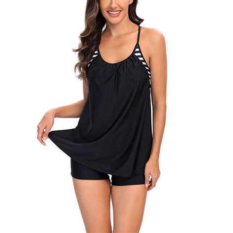 Bouanq Plus Size Swimsuit Tankini Set Cross Back Bathing Suit for Women ...