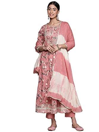 ishin Women's Pink Pure Cotton Zari Flared Floral Print Kurta Set with ...