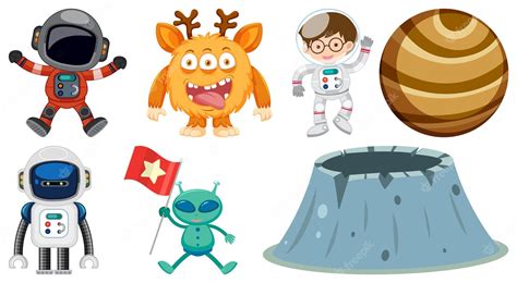 Set of space cartoon characters and objects | Premium Vector