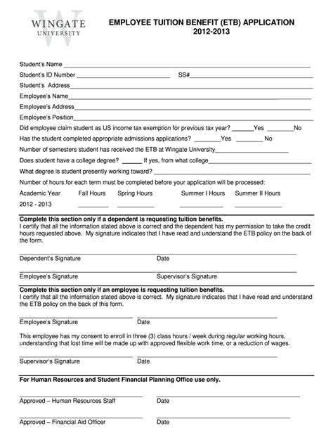 Fillable Online wingate EMPLOYEE TUITION BENEFIT (ETB) APPLICATION 2012 ...