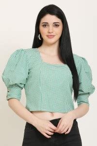 SANADI Casual Puff Sleeve Checkered Women Green Top - Buy SANADI Casual ...