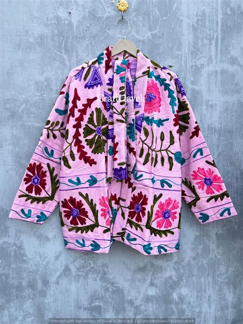 Buy Pink Suzani Jacket, Multicolor Embroidered Kimono, Short Kimono ...