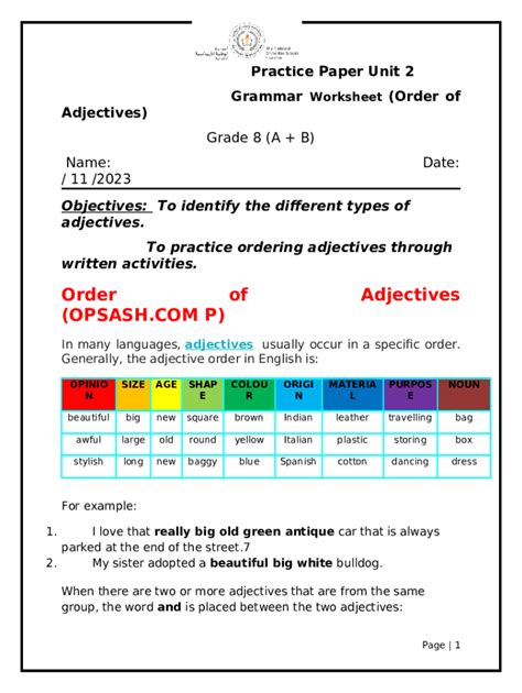 Image result for Printable Adjective Order Worksheet