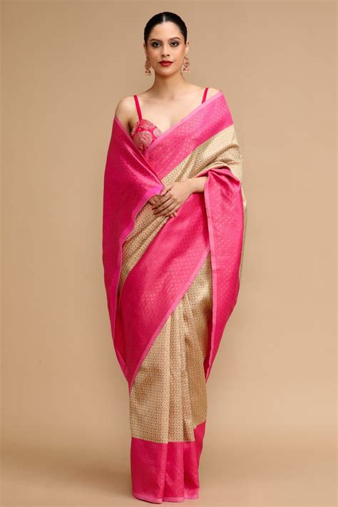 Buy Beige and Pink Woven Jacquard Lichi Silk Saree Online - MySilkLove