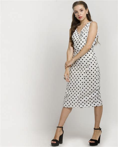 V-Neck Polka Dot Sleeveless Midi Dress