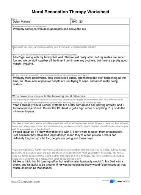 Moral Reconation Worksheet & Example | Free PDF Download