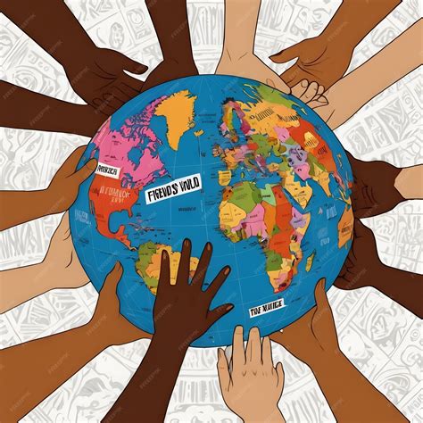A globe surrounded by friends of different cultures holding hands ...