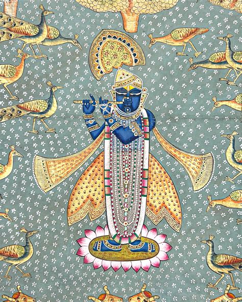 Pichwai Art - Handmade - Shreenathji with Cows and Peacocks Painting