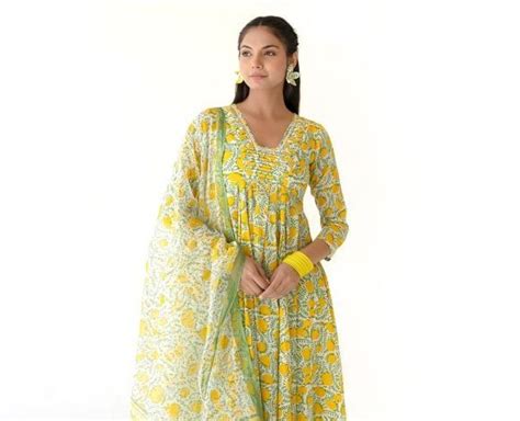 Yellow Printed Cotton Mulmul Suit - Set of 3