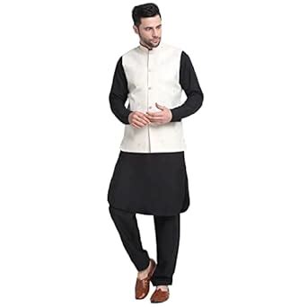 Buy KRAFT INDIA Men Cotton Black Pathani Kurta & Salwar Set With Cream ...