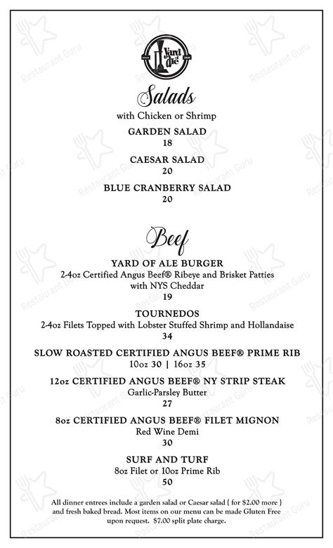Menu at Yard of Ale restaurant, Piffard