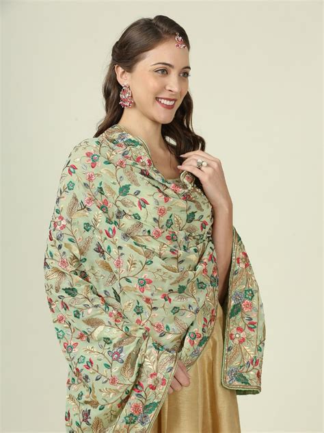 Pista Green Dupatta with Heavy Multicolour Embroidery – Dupatta Bazaar