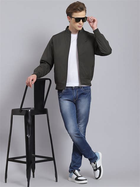 Buy Men Olive Solid Stand Collar Full Sleeve Jacket Online in India ...