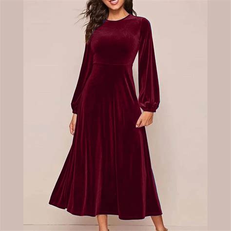 Blczomt Red Holiday Dresses for Women Long Sleeve Plain Maxi Velvet ...