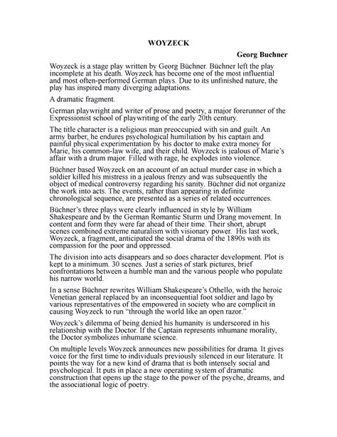 Woyzeck - notes on the play. - WOYZECK Georg Buchner Woyzeck is a stage ...