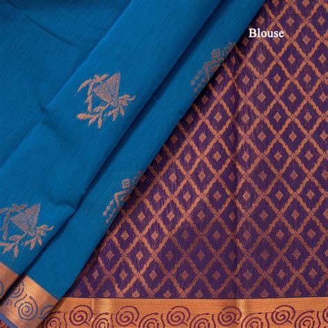 Silk Cotton Peacock Blue Zari Worked Saree 06 – Kumaran Silks