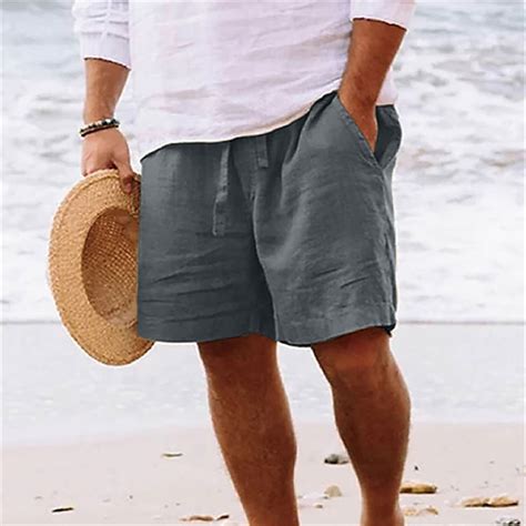 cllios Mens Linen Shorts Casual Solid Color Elastic Waist Straight Knee ...