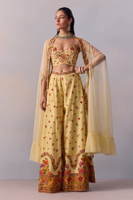 Buy Yellow Viscose, Silk Beads, Crystals Meher Sheer Frill Cape Printed ...