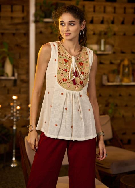 Sleeveless white & beige cotton embroidered top – Sujatra