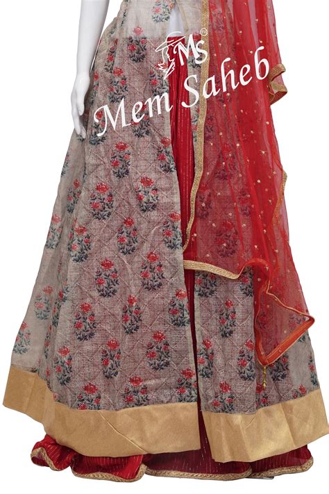 Ghagra Choli Cream Long Blouse Front open with Red Skirt and Net Dupat ...