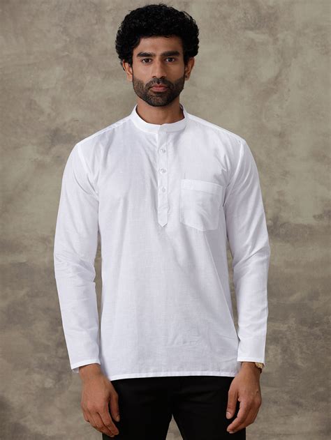 Men Linen Cotton Short Length Plain Pocket Kurta White MW1