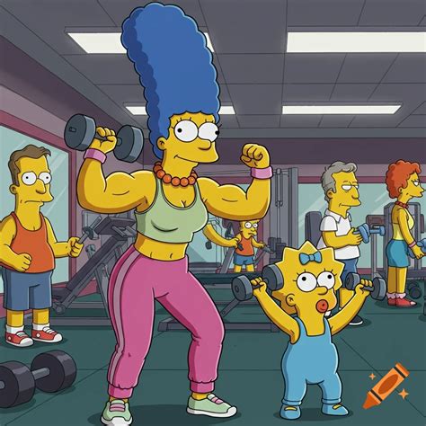 Marge and Maggie Simpson flex their muscles at a gym, cartoon style. on ...