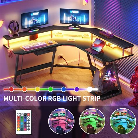L-Shaped Gaming Desk Corner Table Computer Desk with RGB Light & Power ...
