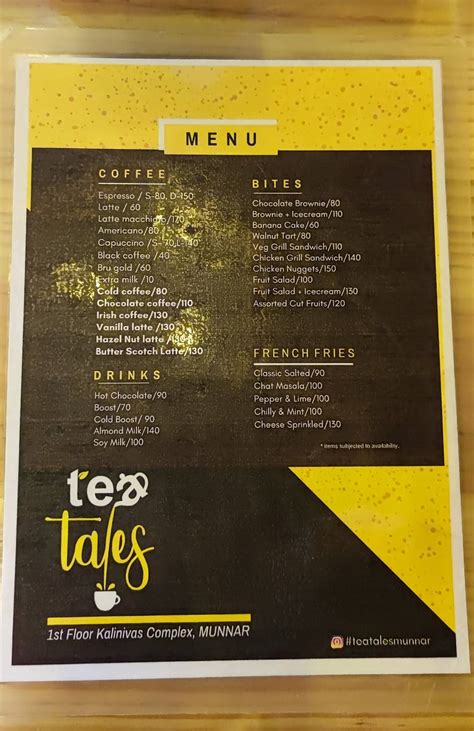 Menu at Tea Tales Cafe, Munnar