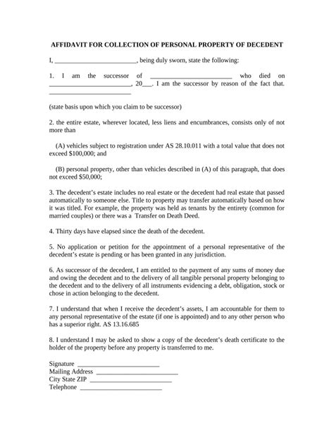 Affidavit for Collection of Personal Property of Decedent - Fill Out ...
