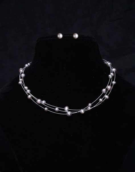 Stylish 3 Layer Grey Freshwater Wire Pearl Necklace Set