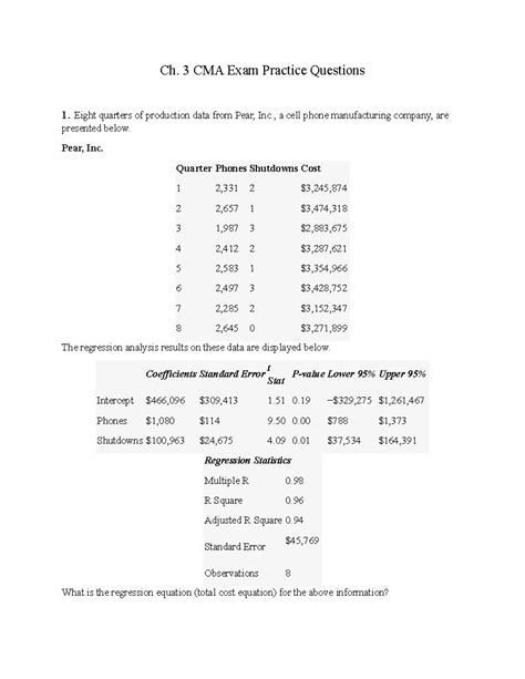 Ch. 3 CMA Exam Practice Questions & Regression Analysis Insights - Studocu