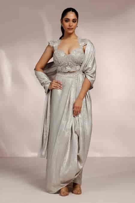 Buy Silver Blouse Raw Silk Embroidery 3d Floral Sweetheart Pre-draped ...